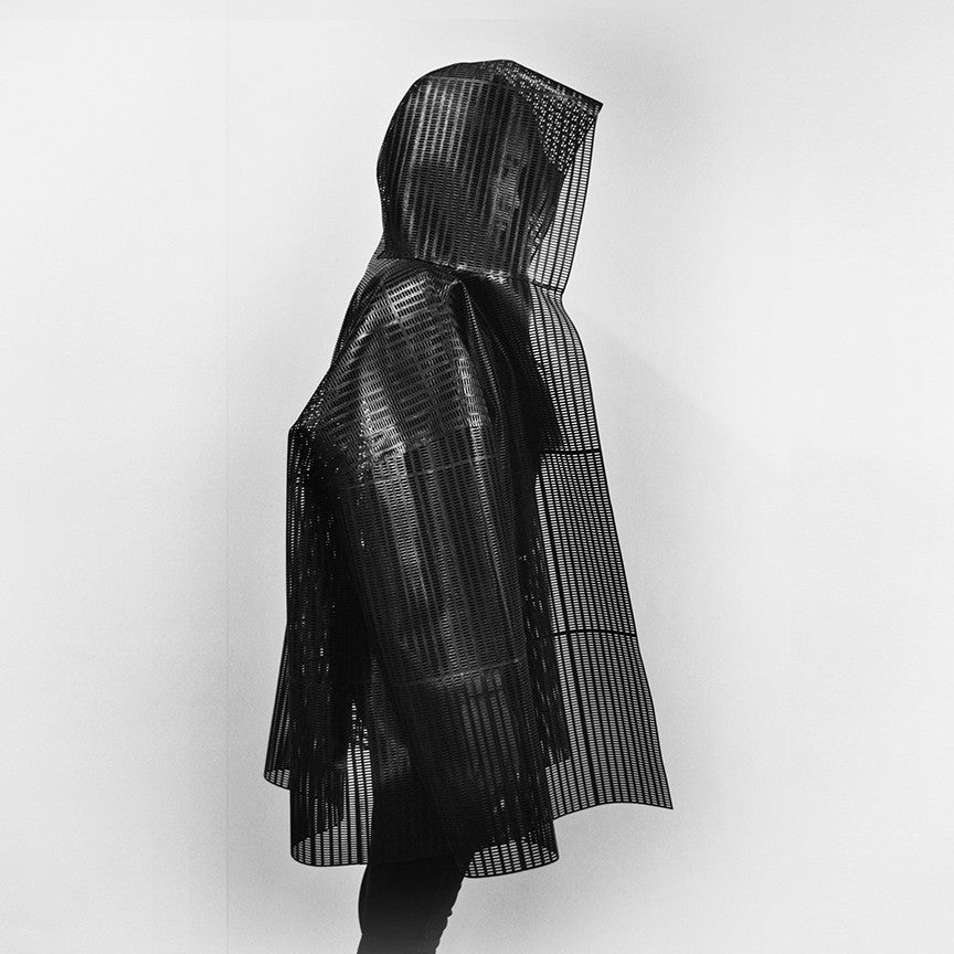 a 3D printed hooded coat in black